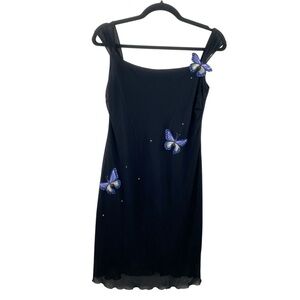 Vintage 90s Black 3D Butterfly Square Neckline Sheath Slip Mini Dress Sz MP